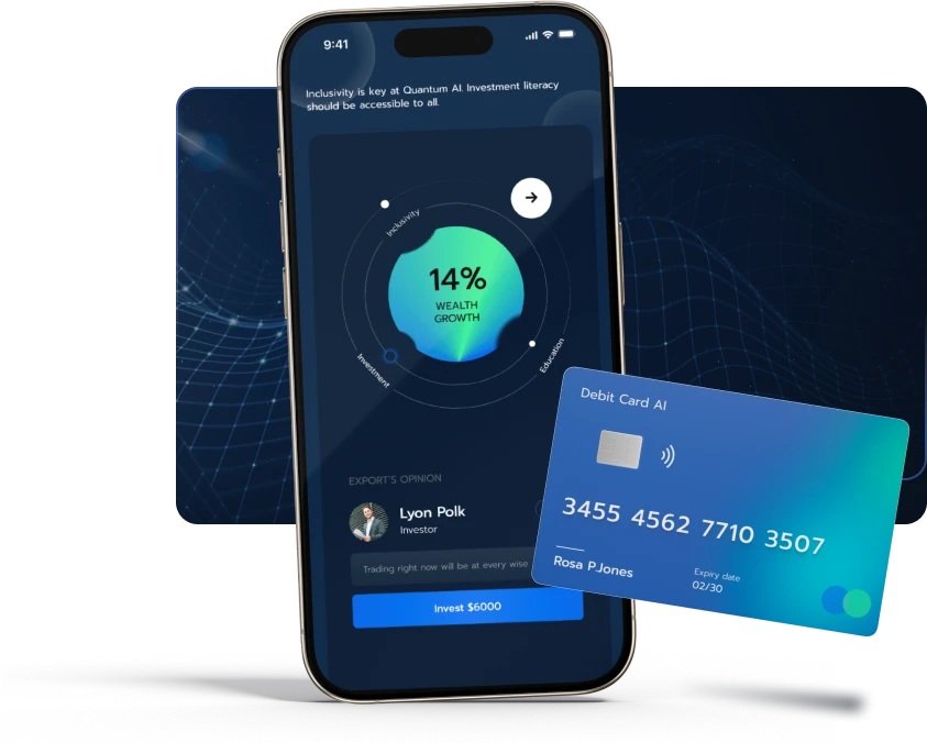 Finance app showing 14% wealth growth with debit card feature